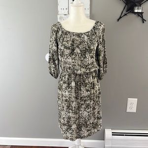 Green and white geometric patterned midi dress